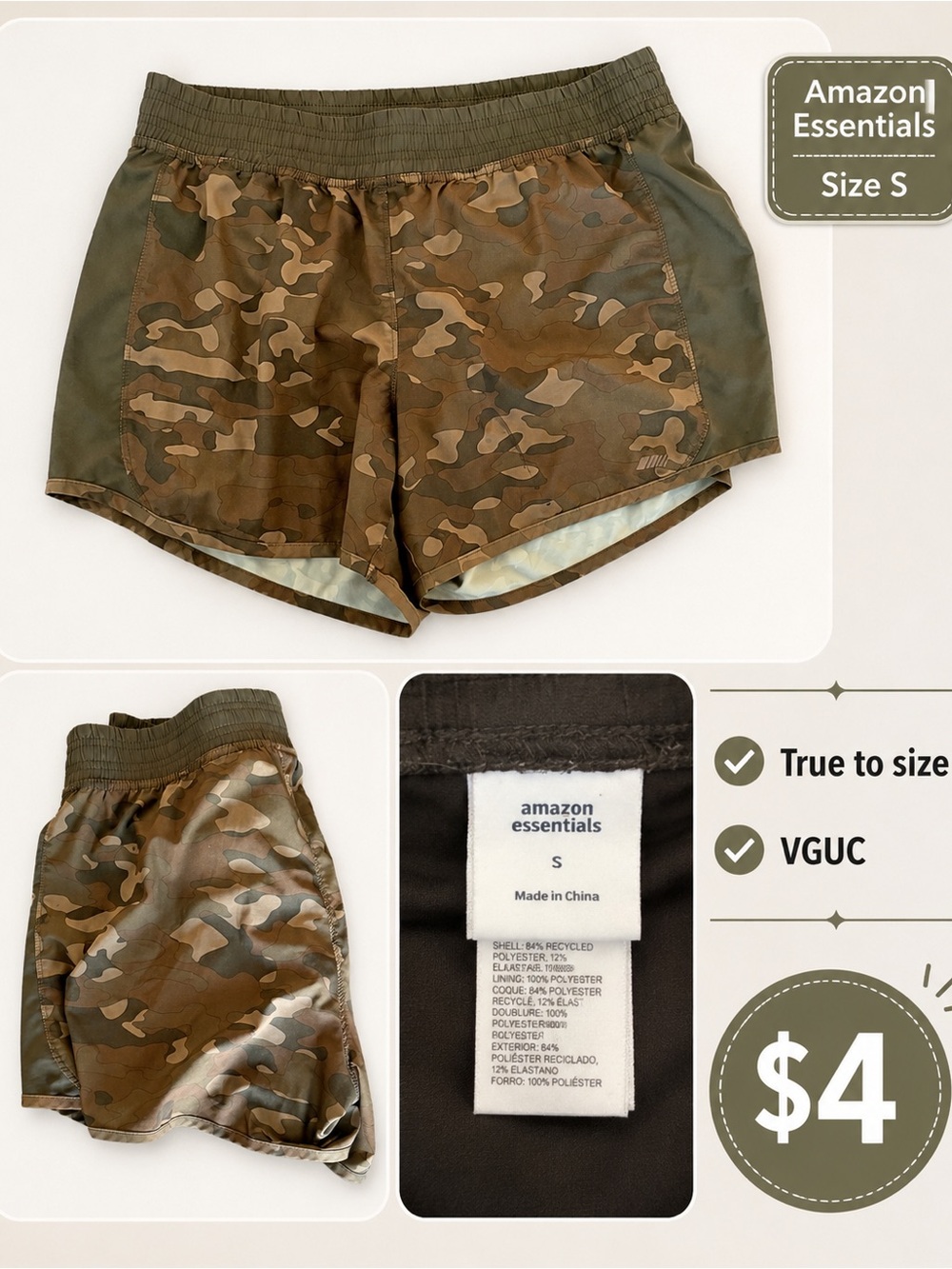 Amazon Essentials Olive and Brown Camo Kids' Athletic Shorts